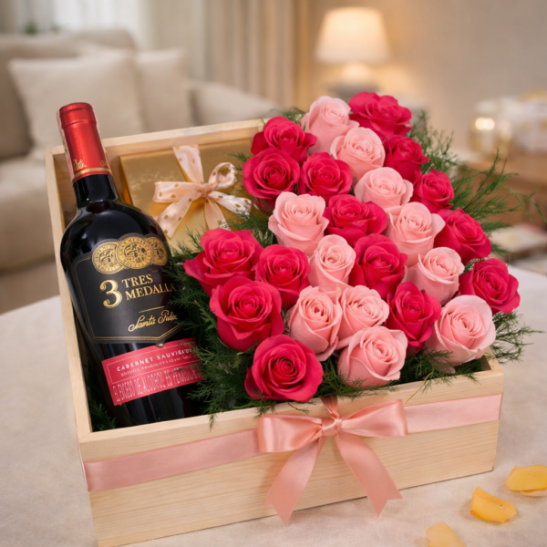 Canasta de Rosas VIP con Vino y Chocolates